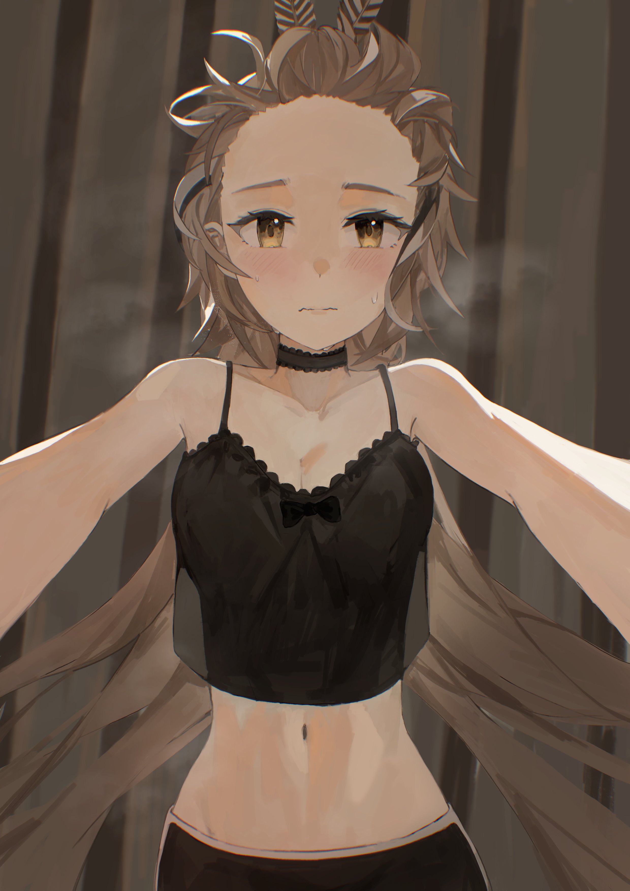 dimas (dimas79756948), nanashi mumei, hololive, hololive english, absurdres, commentary, commission, english commentary, highres, second-party source, 1girl, bare shoulders, black bow, black camisole, black choker, black shorts, black streaks, bow, breasts, brown eyes, brown hair, camisole, choker, cleavage, closed mouth, crop top, from below, lace, lace choker, light blush, long hair, looking at viewer, multicolored hair, navel, pov, reaching, reaching towards viewer, see-through clothes, shorts, solo, spaghetti strap, stomach, straight-on, streaked hair, sweat, virtual youtuber, white streaks