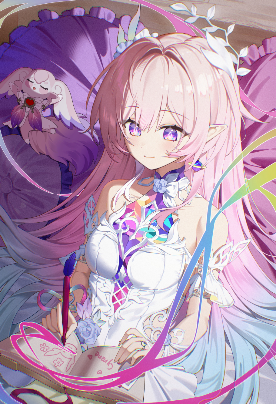 chyanu, cyrene (demiurge) (honkai: star rail), cyrene (honkai: star rail), mem (honkai: star rail), honkai: star rail, honkai (series), commentary, highres, 1girl, bare shoulders, blue hair, book, breasts, closed mouth, diamond-shaped pupils, diamond (shape), dress, gradient hair, hair intakes, holding, holding pen, jewelry, long hair, medium breasts, multicolored hair, pen, pink hair, pointy ears, purple eyes, ring, sidelocks, smile, solo, symbol-shaped pupils, very long hair, white dress, writing