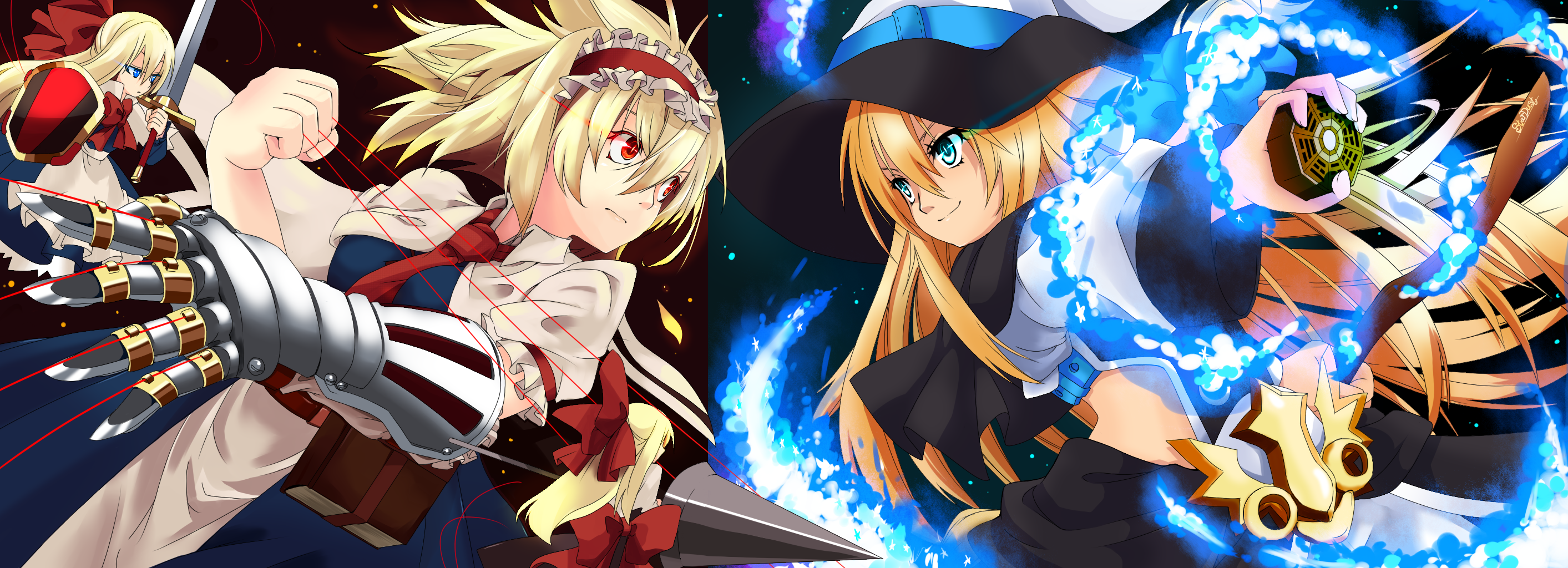 kotomuke fuurin, alice margatroid, kirisame marisa, shanghai doll, touhou, bad id, bad pixiv id, highres, long image, wide image, 2girls, alternate costume, blonde hair, blue eyes, doll, female focus, gauntlets, hairband, hat, lance, long hair, mini-hakkero, multiple girls, polearm, red eyes, shield, short hair, spear, weapon, witch, witch hat
