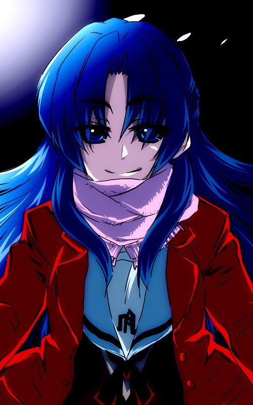 k nekoneko, asakura ryoko, suzumiya haruhi no shoushitsu, suzumiya haruhi no yuuutsu, 10s, 1girl, blue eyes, blue hair, coat, female focus, gradient background, long hair, matching hair/eyes, scarf, school uniform, serafuku, solo