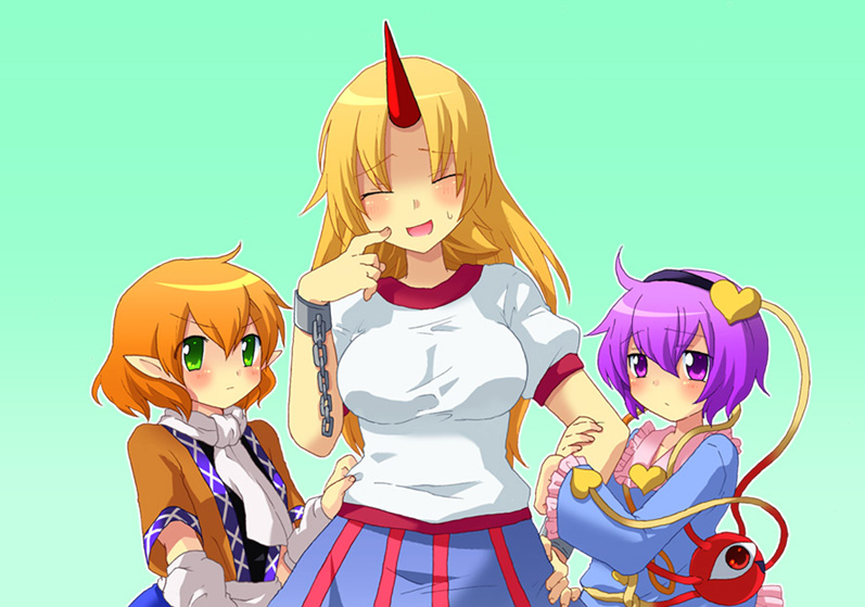 mogiki hayami, hoshiguma yuugi, komeiji satori, mizuhashi parsee, touhou, arm grab, bad id, bad pixiv id, 3girls, blonde hair, chain, closed eyes, female focus, green eyes, hairband, heart, holding another's arm, horns, multiple girls, orange hair, purple eyes, purple hair, single horn