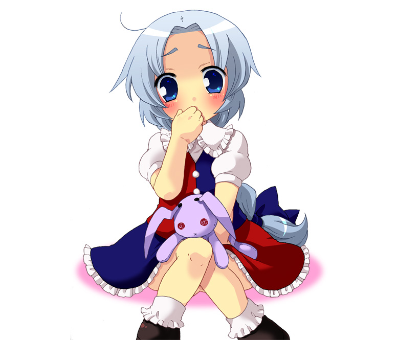 mogiki hayami, yagokoro eirin, touhou, silver hair, bad id, bad pixiv id, 1girl, @ @, adapted costume, aged down, blue eyes, bobby socks, bow, braid, covering face, covering own mouth, covering privates, doll, female focus, hair bow, long hair, no headwear, ponytail, rabbit, single braid, socks, solo, stuffed animal, stuffed rabbit, stuffed toy, very long hair, x mouth