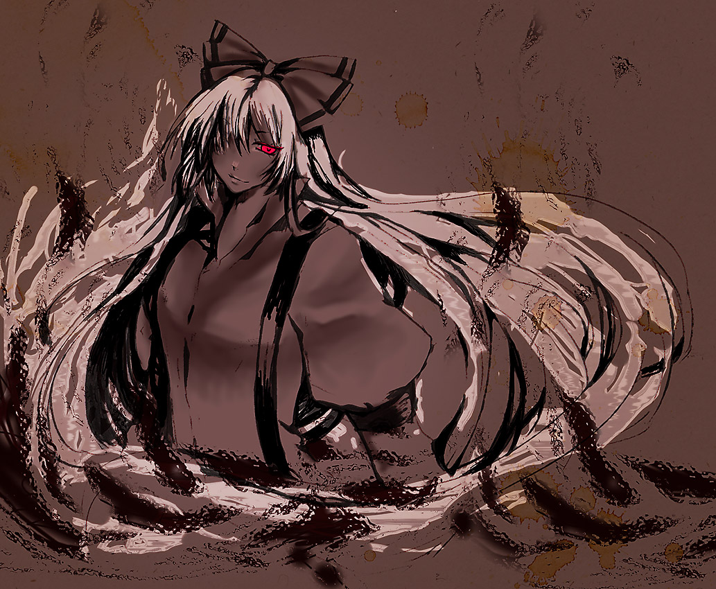 kinakozora, fujiwara no mokou, touhou, 1girl, female focus, hair over one eye, hair ribbon, monochrome, red eyes, ribbon, sepia, solo, spot color, suspenders