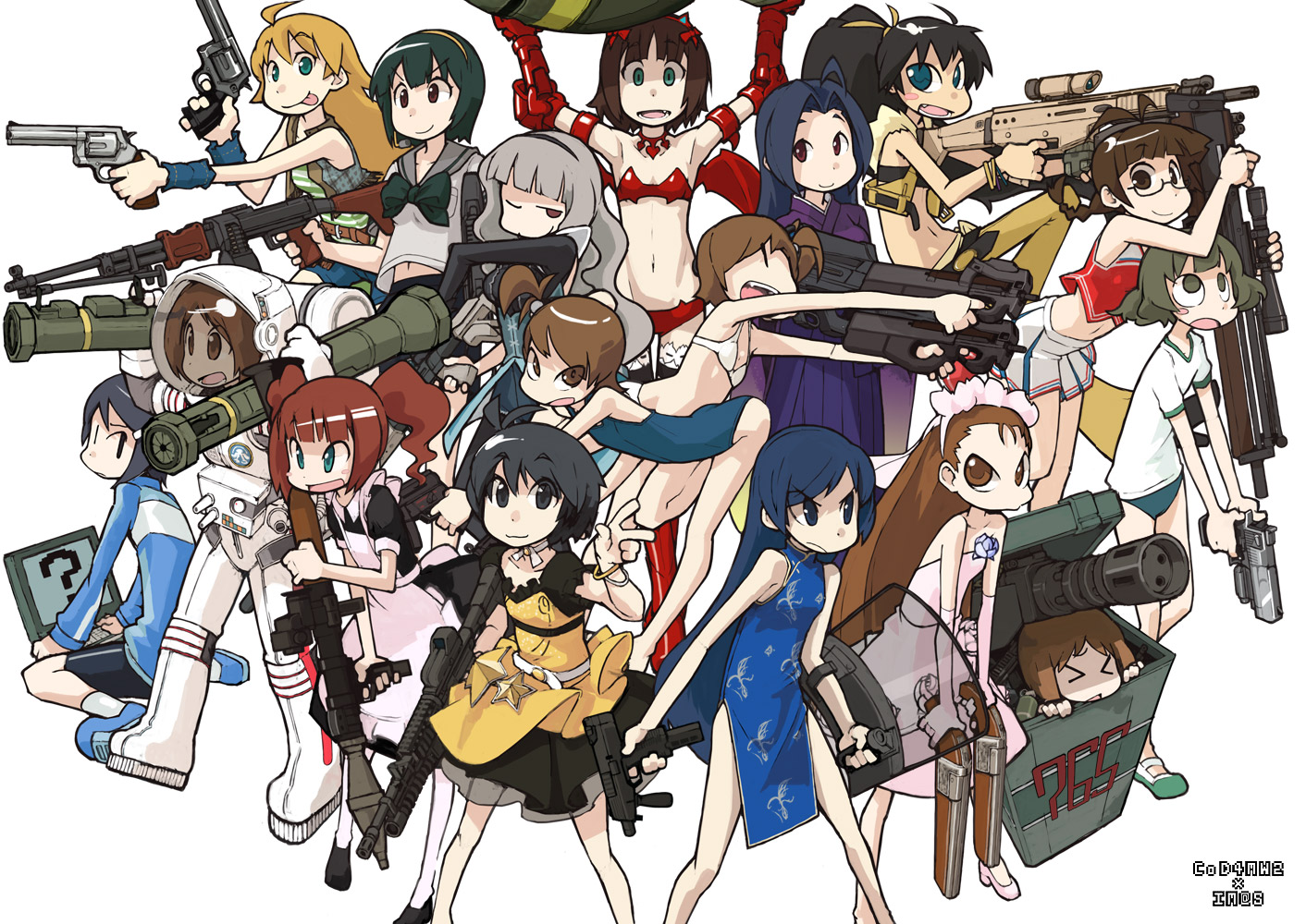 tugeneko, akizuki ritsuko, akizuki ryo, amami haruka, futami ami, futami mami, ganaha hibiki, hagiwara yukiho, hidaka ai, hoshii miki, kikuchi makoto, kisaragi chihaya, minase iori, miura azusa, mizutani eri, otonashi kotori, shijou takane, takatsuki yayoi, call of duty, call of duty: modern warfare 2, call of duty 4, fn herstal, heckler & koch, idolmaster, idolmaster (classic), idolmaster dearly stars, walther, 00s, 6+girls, assault rifle, at4, b&t mp9, bomb, bullpup, china dress, chinese clothes, computer, desert eagle, dress, drum magazine, dual wielding, eotech, everyone, explosive, fn f2000, fn scar, gatling gun, glasses, gun, gym uniform, h&k mp5k, handgun, high-explosive anti-tank (warhead), holding, japanese clothes, light machine gun, m4 carbine, machine gun, magazine (weapon), man-portable anti-tank systems, midriff, minigun, modular weapon system, multiple-barrel gun, multiple girls, navel, nightmare blood, nuclear weapon, one-piece swimsuit, p90, personal defense weapon, pistol, recoilless gun, revolver, rifle, riot shield, rocket-propelled grenade, rocket (projectile), rocket launcher, rotary machine gun, rpd, rpg, rpg-7, rpg (weapon), sawed-off shotgun, school swimsuit, school uniform, serafuku, shield, shotgun, siblings, sisters, sniper rifle, spacesuit, standing, submachine gun, swimsuit, twins, walther wa 2000, weapon, weapon of mass destruction