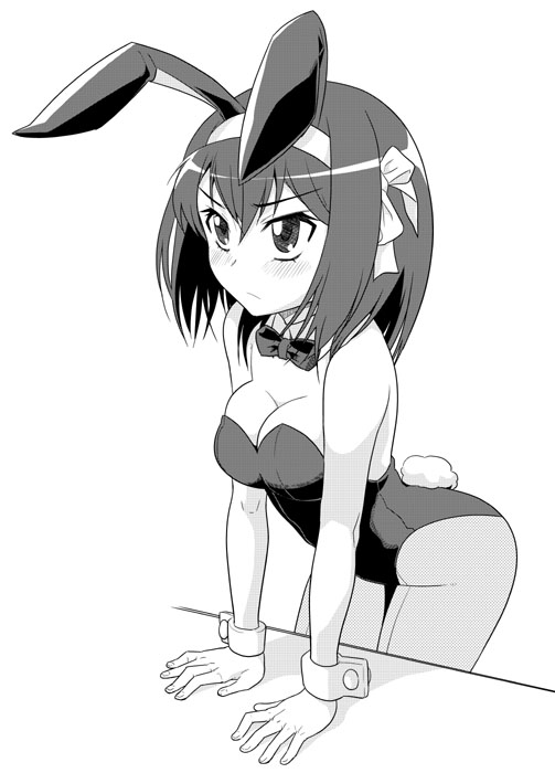 miyakodori takayuki, suzumiya haruhi, suzumiya haruhi no yuuutsu, 1girl, animal ears, blush, breasts, fake animal ears, female focus, greyscale, monochrome, pantyhose, playboy bunny, rabbit ears, short hair, solo, white background