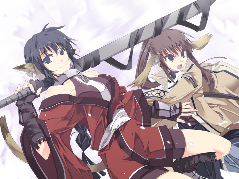 satomi (black scarecrow), karulau, touka (utawarerumono), utawarerumono, 2girls, animal ears, bike shorts, blue eyes, blue hair, braid, cat ears, collar, dog ears, dutch angle, fingerless gloves, gloves, head wings, japanese clothes, long hair, multiple girls, ponytail, purple hair, sword, weapon, wings