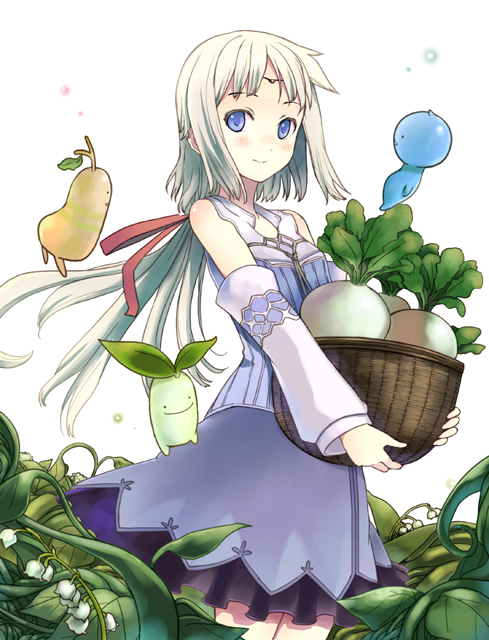 katase yuu, mist (rune factory), rune factory, rune factory 1, rune factory frontier, md5 mismatch, resolution mismatch, source smaller, 1girl, basket, blue eyes, circlet, creature, detached sleeves, dress, female focus, flower, lily of the valley, plant, ponytail, smile, solo, tiara, turnip, white hair