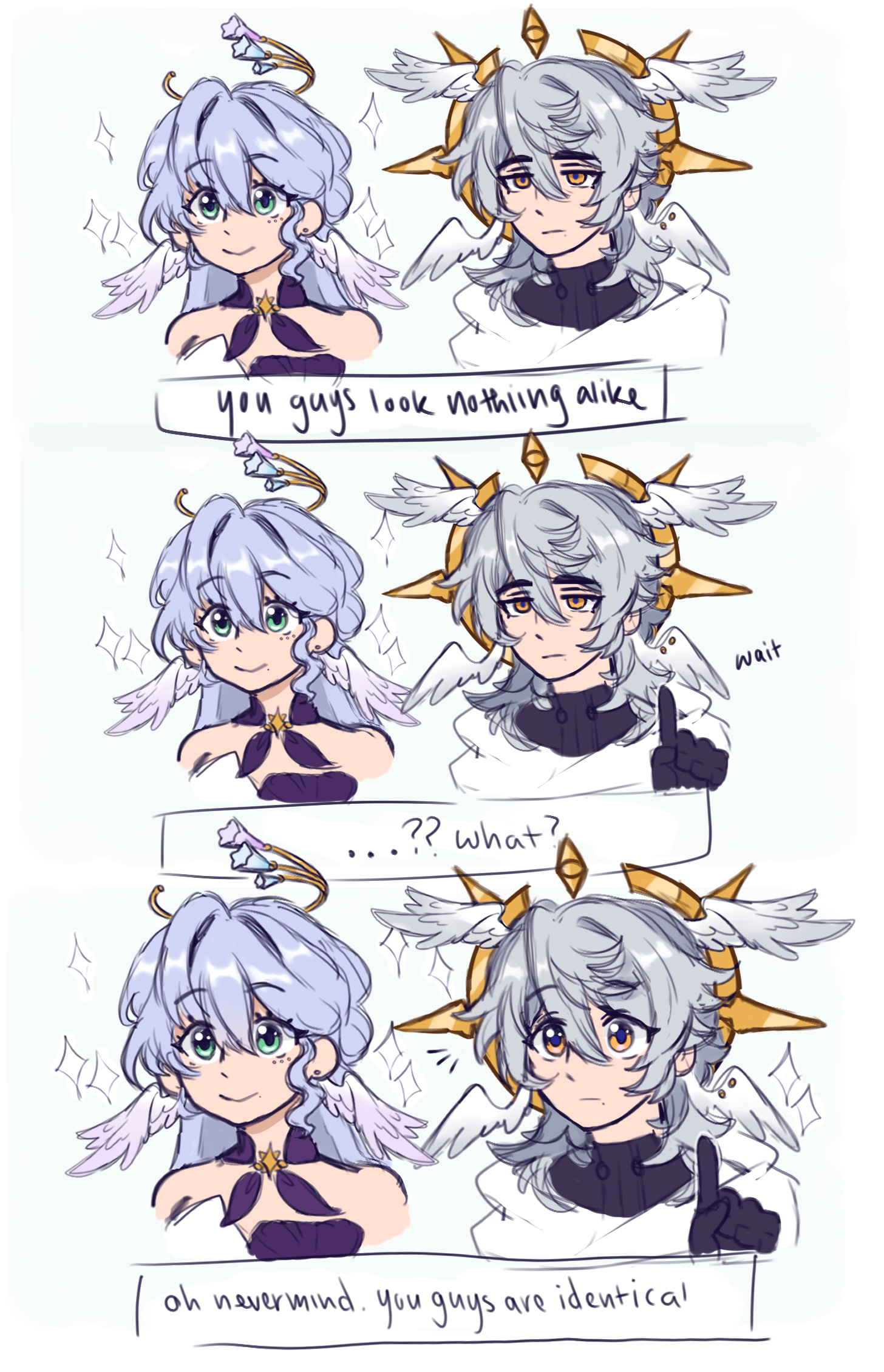 robin (honkai: star rail), sunday (honkai: star rail), sunday (sacerdos' relived ordeal) (honkai: star rail), honkai: star rail, honkai (series), commentary, english commentary, highres, 1boy, 1girl, black gloves, blue hair, closed mouth, dress, english text, gloves, green eyes, grey hair, head wings, multiple wings, sleeveless, sleeveless dress, sparkle, starfalltea, white wings, wings, yellow eyes