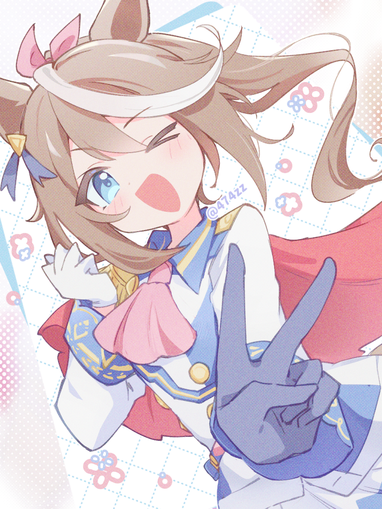 anzen robo (474zz), tokai teio (peak joy) (umamusume), tokai teio (umamusume), umamusume, commentary request, > o, 1girl, animal ears, ascot, asymmetrical gloves, blue eyes, blush, brown hair, buttons, cape, double-breasted, epaulettes, gloves, hair between eyes, high ponytail, horse ears, horse girl, horse tail, jacket, long hair, long sleeves, looking at viewer, mismatched gloves, multicolored hair, multicolored jacket, one eye closed, open mouth, pink ascot, ponytail, red cape, single epaulette, skirt, smile, solo, streaked hair, tail, two-tone hair, two-tone jacket, two-tone skirt, v, white gloves, white hair, white jacket, white skirt