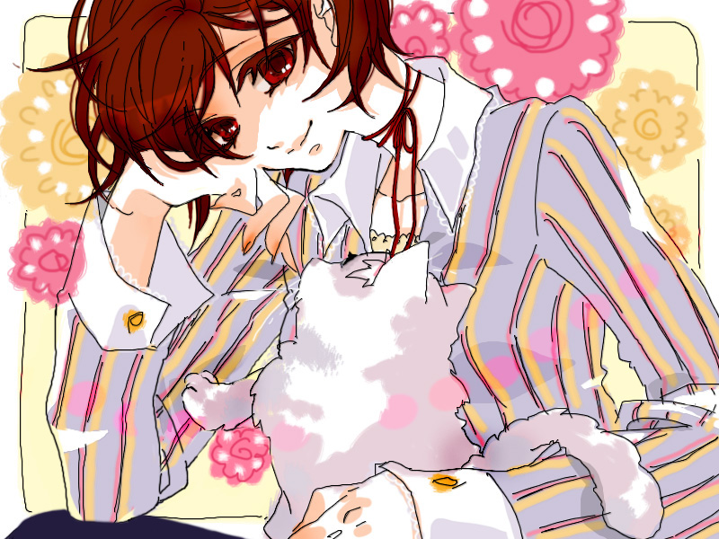 caracoro, meiko (vocaloid), vocaloid, 1girl, animal, cat, female focus, red eyes, red hair, red theme, shirt, short hair, smile, solo