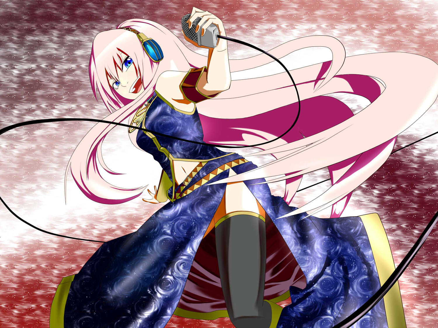 tenamaru, megurine luka, vocaloid, 1girl, armband, black thighhighs, blue eyes, breasts, cable, female focus, flower, long hair, microphone, navel, pink hair, rose, solo, thighhighs, wire, zettai ryouiki