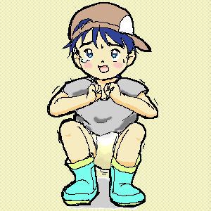 lowres, blue hair, diaper, hat, tears, wet diaper