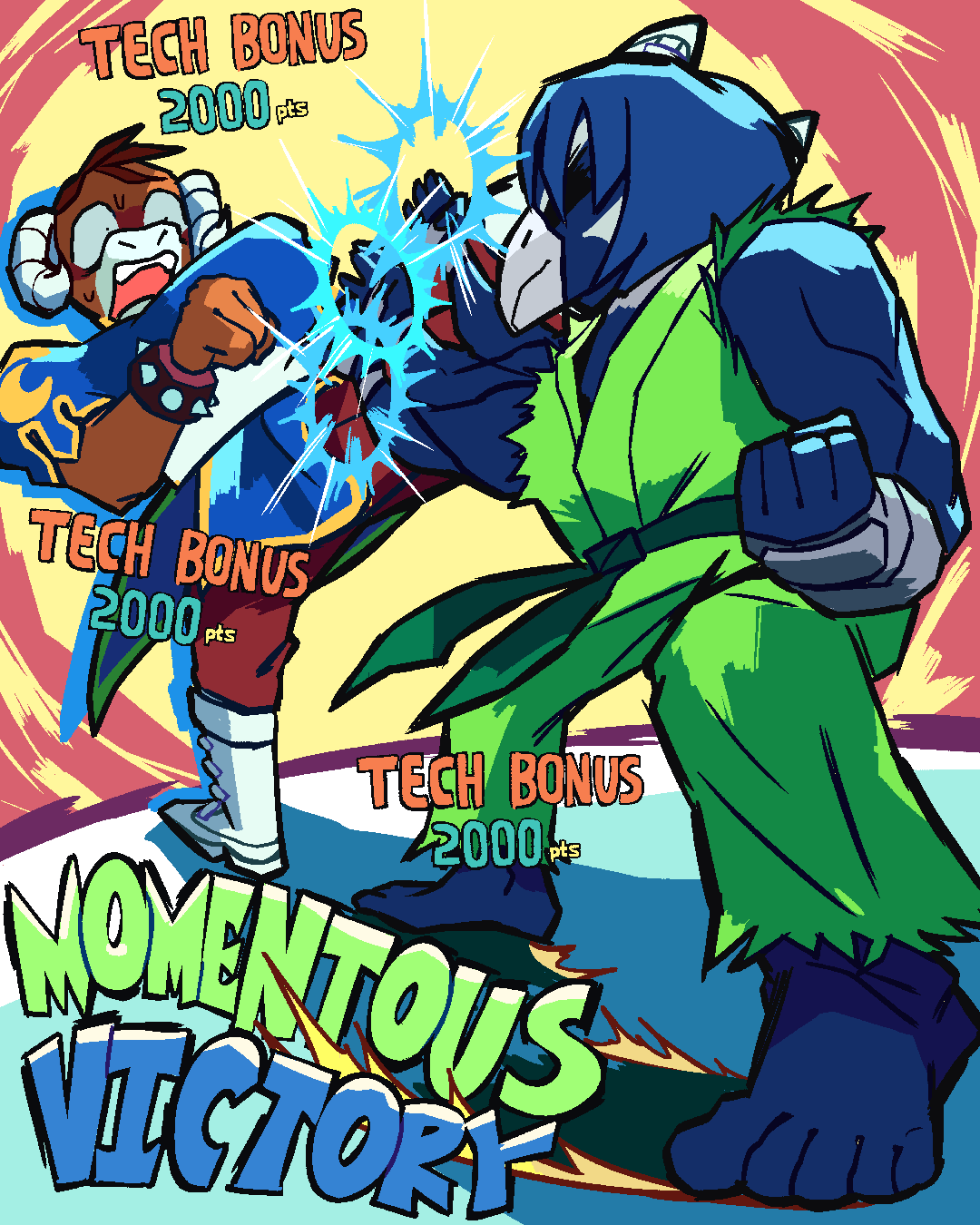 shenanigansen, chun-li, ken masters, capcom, evolution championship series, national football league, seattle seahawks, street fighter, street fighter iii (series), commentary, english commentary, highres, second-party source, 2others, alternate color, barefoot, belt, bird, blitz the seahawk, blocking, blue dress, blue feathers, blue hair, boots, brown fur, brown hair, china dress, chinese clothes, chun-li (cosplay), clenched hand, closed mouth, constricted pupils, cosplay, dress, english text, evo moment #37, fangs, feathers, gameplay mechanics, gold trim, green belt, green dougi, grey wrist cuffs, high kick, horns, ken masters (cosplay), kicking, los angeles rams, mascot, multiple others, open mouth, parrying, ram (animal), rampage (los angeles rams), red background, sheep horns, shockwave, short hair, spiked wristband, surprised, white background, white boots, wrist cuffs, yellow background