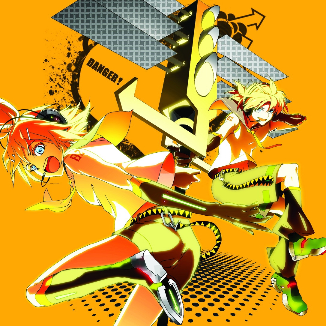 kisetsu, kagamine len, kagamine rin, vocaloid, bad id, bad pixiv id, 1boy, 1girl, aqua eyes, arrow (symbol), bare shoulders, blonde hair, boots, brother and sister, elbow gloves, gloves, hair ornament, hair ribbon, hairclip, headphones, headset, necktie, open mouth, ribbon, short hair, shorts, siblings, sleeveless, smile, traffic light, twins