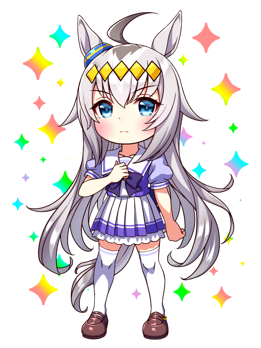 sugimotty nova, oguri cap (umamusume), umamusume, commentary request, highres, 1girl, ahoge, animal ears, blue eyes, blush, bow, bowtie, breasts, chibi, chibi only, closed mouth, collarbone, ear ornament, full body, grey hair, grey tail, hair between eyes, hair ornament, hairband, horse ears, horse girl, horse tail, long hair, looking at viewer, multicolored hair, pleated skirt, puffy short sleeves, puffy sleeves, purple bow, purple bowtie, purple shirt, sailor collar, sailor shirt, school uniform, shirt, shoes, short sleeves, skirt, solo, tail, thighhighs, tracen school uniform, white sailor collar, white skirt, white thighhighs, zettai ryouiki