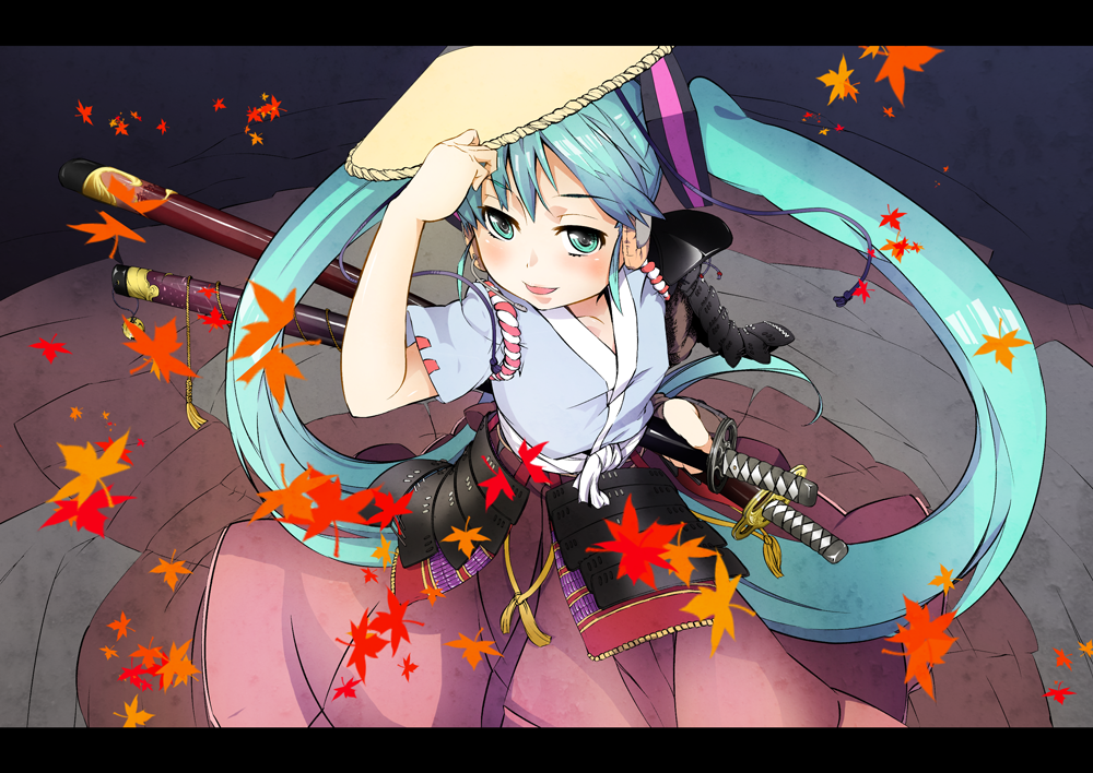 furisuku, hatsune miku, vocaloid, 1girl, ajirogasa, aqua eyes, aqua hair, armor, female focus, hat, japanese armor, japanese clothes, katana, kusazuri, leaf, letterboxed, long hair, smile, solo, sword, twintails, very long hair, weapon