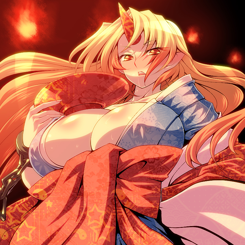 tro (trombe), hoshiguma yuugi, hoshiguma yuugi (kimono), touhou, bad id, 1girl, blonde hair, blush, breasts, cleavage, cuffs, cup, ear blush, female focus, horns, huge breasts, japanese clothes, kimono, long hair, pointy ears, red eyes, sakazuki, single horn, solo, sweat