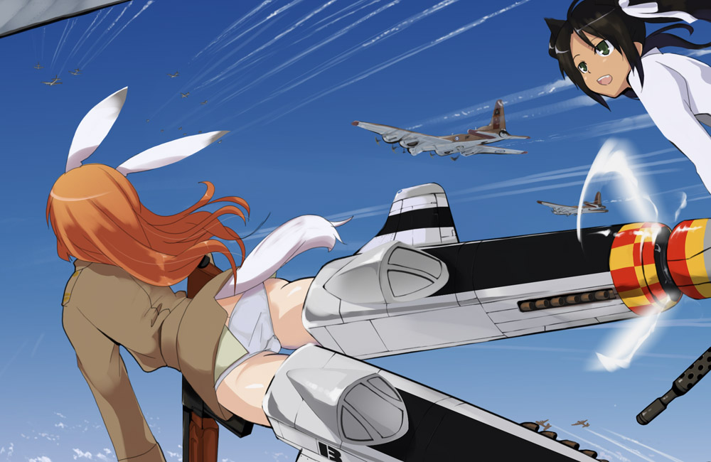 aasara, tosarayama, b-17, charlotte e. yeager, francesca lucchini, p-51 mustang, strike witches, world witches series, 2girls, aircraft, airplane, animal ears, ass, bomber, escort fighter, flying, military, military vehicle, multiple girls, mustang, p-51, panties, rabbit ears, rabbit girl, rabbit tail, striker unit, tail, underwear