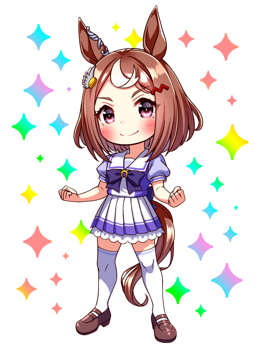 sugimotty nova, tsurumaru tsuyoshi (umamusume), umamusume, commentary request, highres, animal ears, blush, bow, bowtie, brown hair, chibi, chibi only, clenched hands, closed mouth, full body, hair between eyes, hair ornament, hairclip, horse ears, horse girl, horse tail, looking at viewer, multicolored hair, pleated skirt, puffy short sleeves, puffy sleeves, purple bow, purple bowtie, purple eyes, purple shirt, sailor collar, sailor shirt, school uniform, shirt, shoes, short hair, short sleeves, skirt, smile, solo, streaked hair, tail, thighhighs, tracen school uniform, two-tone hair, white hair, white sailor collar, white skirt, white thighhighs, zettai ryouiki