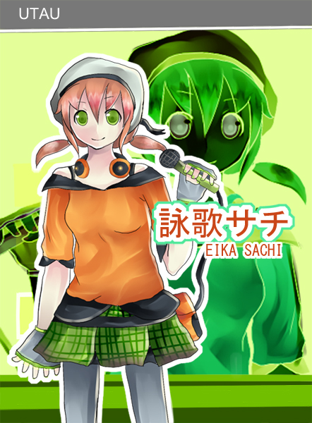 jade launders, eika sachi, utau, vocaloid, 1girl, beret, brown hair, female focus, green eyes, hat, headphones, microphone, pantyhose, solo, twintails, zoom layer