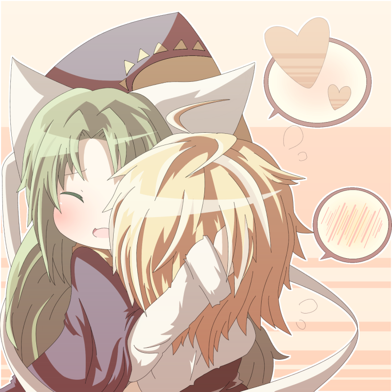 doromizu, kirisame marisa, mima (touhou), touhou, touhou (pc-98), bad id, bad pixiv id, 2girls, ahoge, blonde hair, blush, closed eyes, female focus, green hair, hat, heart, hug, multiple girls, no headwear, wizard hat