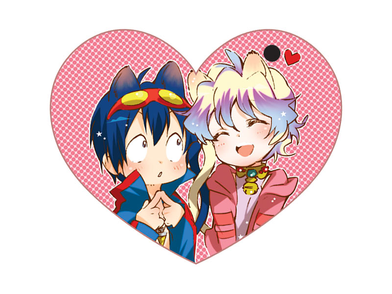 yukimitsu, yukimitsuki, nia teppelin, simon (ttgl), tengen toppa gurren lagann, 00s, aged down, animal ears, bell, blue hair, cat ears, cat tail, goggles, goggles on head, heart, kemonomimi mode, multicolored hair, short hair, tail, two-tone hair