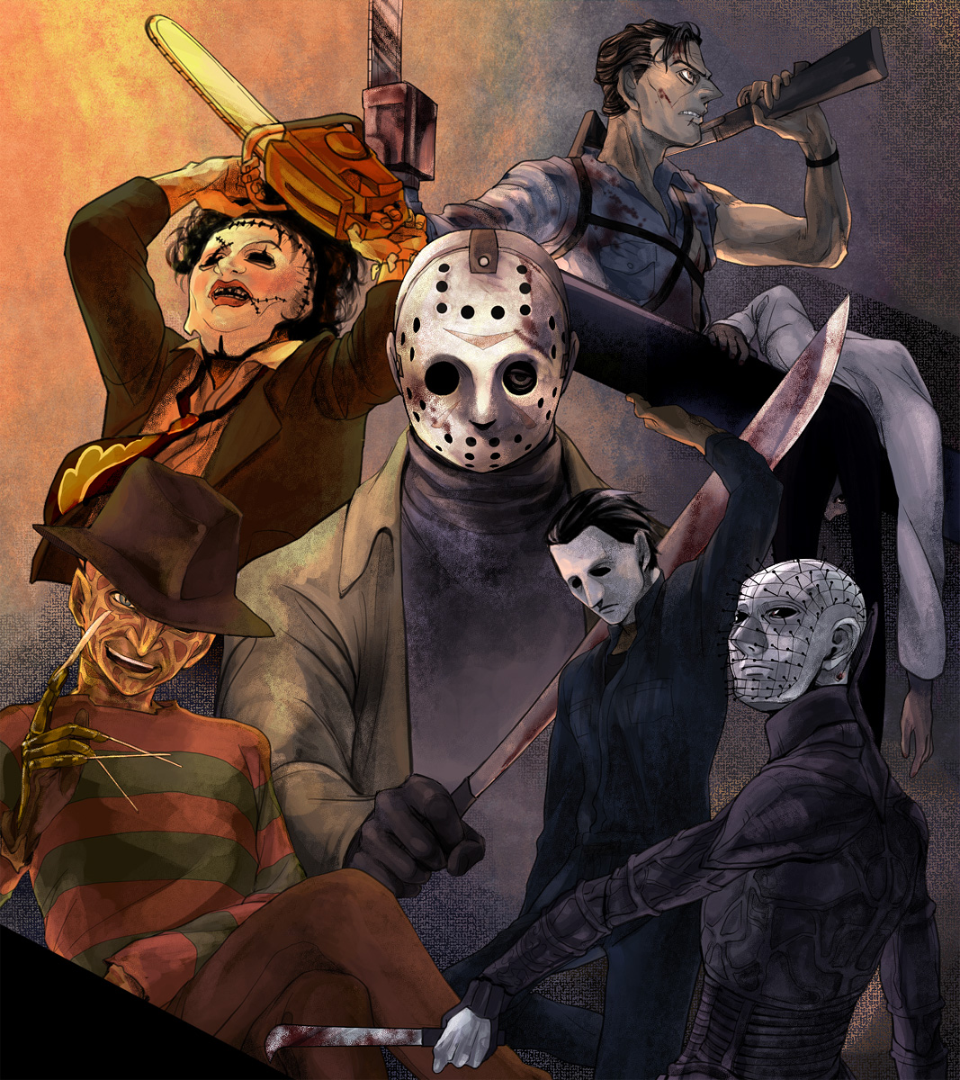 ash williams, ashley j williams, freddy krueger, jason voorhees, leatherface, michael myers, pinhead, a nightmare on elm street, army of darkness, evil dead, halloween (movie), hellraiser, the ring, the texas chainsaw massacre, highres, 6+boys, black hair, blood, chainsaw, crossover, dark, hat, killer, male focus, mask, multiple boys