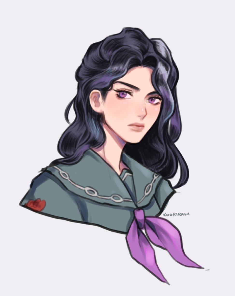 kookirani, yamagishi yukako, diamond wa kudakenai, jojo no kimyou na bouken, commentary, english commentary, highres, 1girl, black hair, closed mouth, eyelashes, grey background, long hair, looking at viewer, neckerchief, purple eyes, purple neckerchief, sailor collar, school uniform, signature, simple background, solo