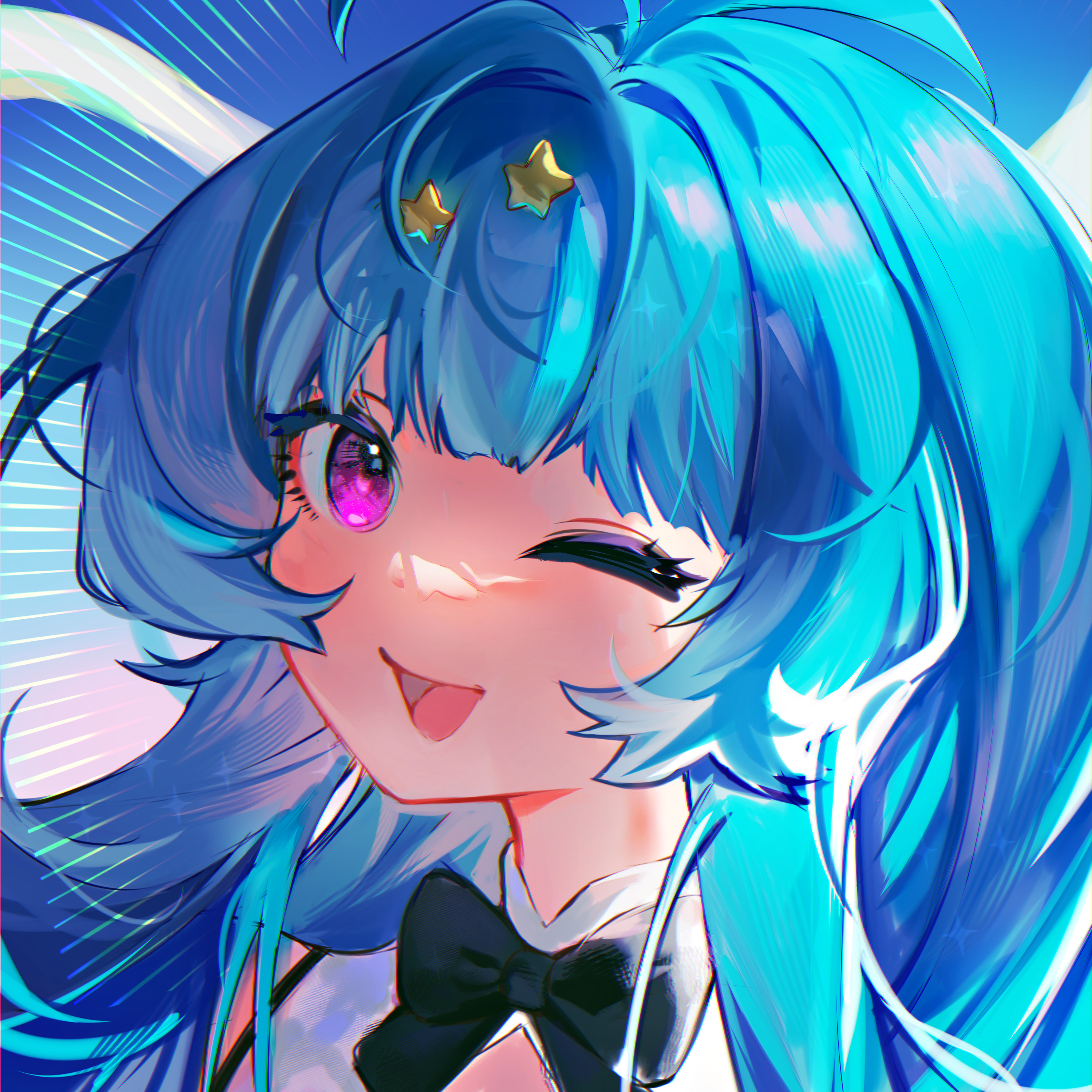 blumer, indie virtual youtuber, absurdres, commentary request, highres, 1girl, :d, antenna hair, asamistuff, black bow, black bowtie, blue background, blue hair, bow, bowtie, cleavage cutout, clothing cutout, collared shirt, emphasis lines, hair ornament, long hair, mandarin collar, one eye closed, open mouth, portrait, profile picture, purple eyes, shirt, sleeveless, sleeveless shirt, smile, spanish commentary, star (symbol), star hair ornament, virtual youtuber, white shirt