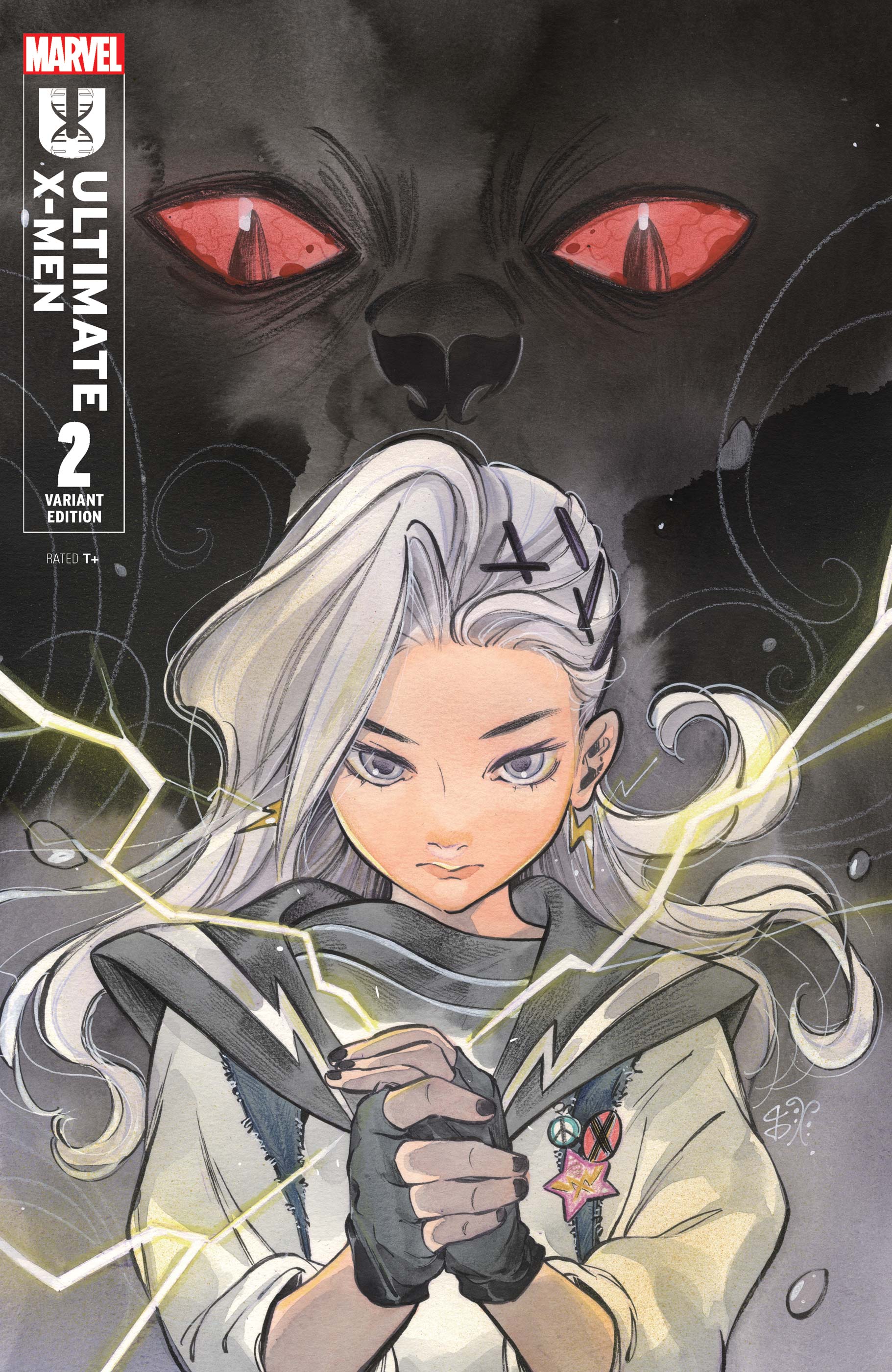 peach momoko, marvel, ultimate x-men (2024), x-men, absurdres, comic cover, highres, official art, 1boy, 1girl, black gloves, black nails, black vest, colored sclera, company name, copyright logo, copyright name, cover, cover page, earrings, electricity, electrokinesis, english text, fingerless gloves, gloves, grey background, grey eyes, hair ornament, hairclip, jewelry, lightning bolt earrings, lightning bolt symbol, logo, long hair, looking at viewer, looking down, maystorm (marvel), monster, monster boy, peace symbol, red sclera, sailor collar, sailor shirt, shadow king (x-men), shinobu kageyama, shirt, slit pupils, star (symbol), vest, white hair, white shirt