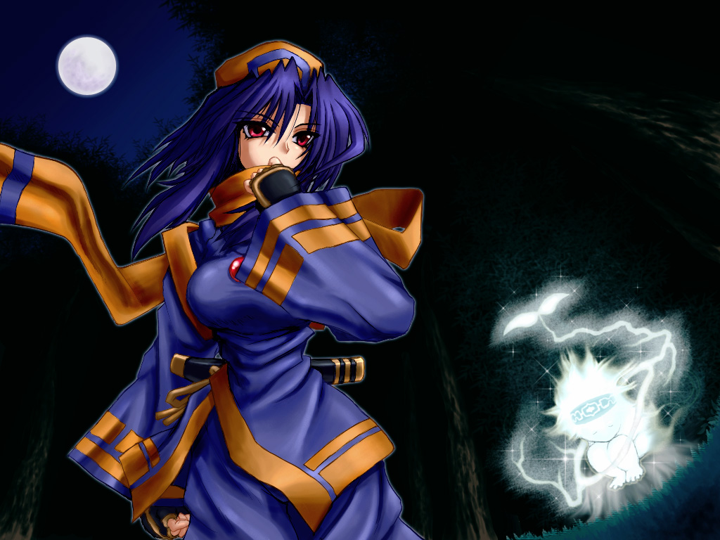 rera, samurai spirits, snk, 1girl, blue hair, female focus, hat, moon, night, outdoors, red eyes, sky, solo, standing