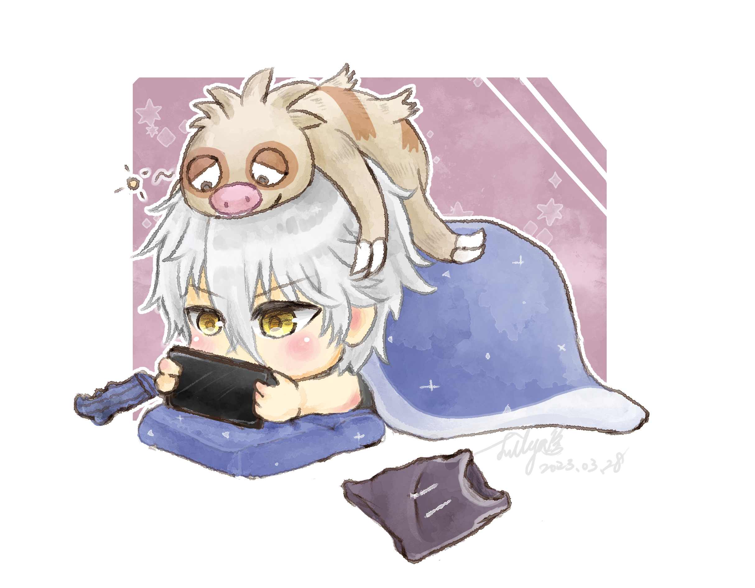 nagi seishirou, slakoth, blue lock, nintendo, pokemon, commentary, english commentary, highres, 1boy, border, chibi, chibi only, crossover, futon, gen 3 pokemon, grey hair, handheld game console, holding, holding handheld game console, lilya.m, male focus, on head, pokemon (creature), pokemon on head, shirt, signature, socks, solo, under covers, unworn shirt, unworn socks, white border, yellow eyes