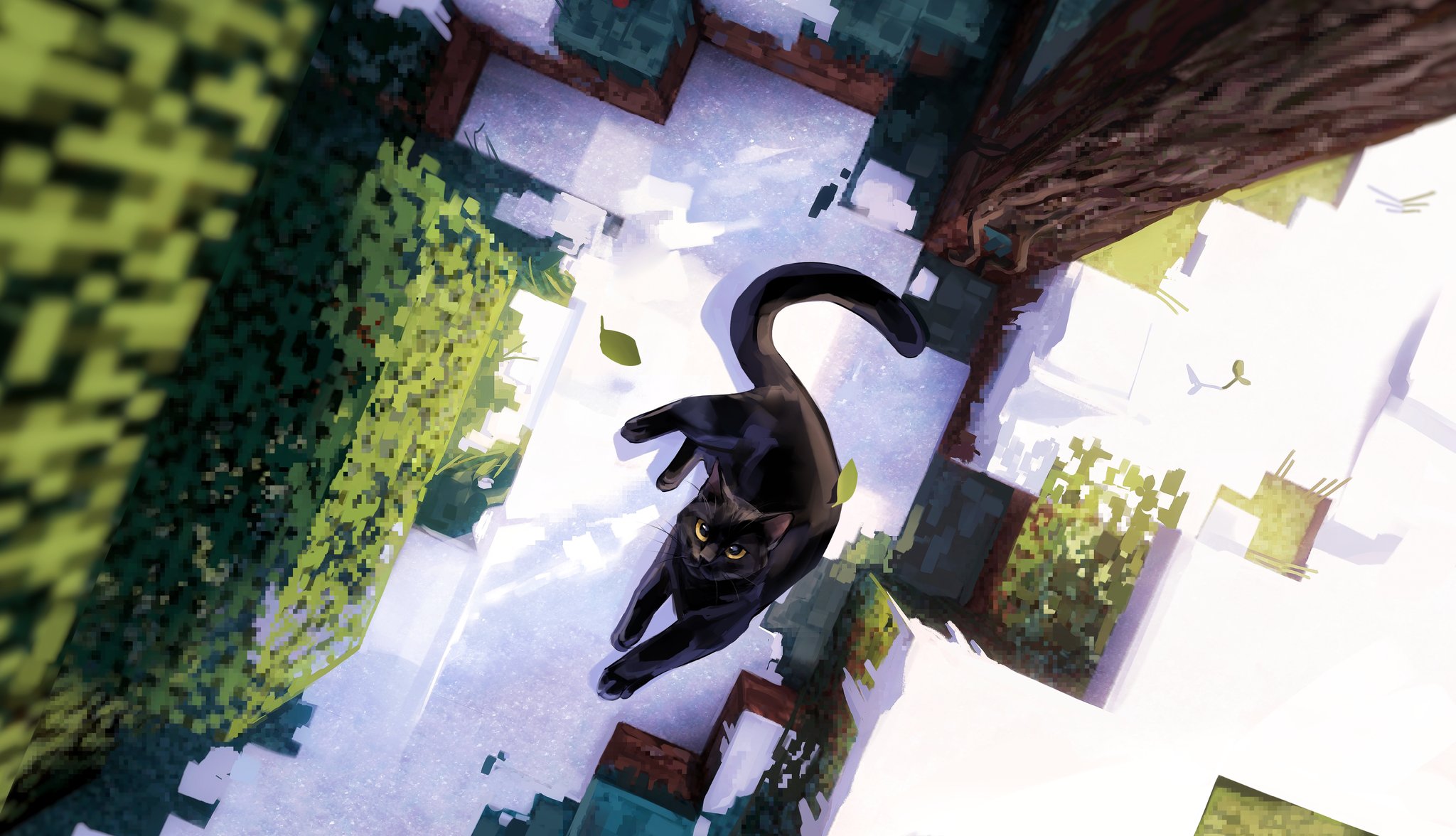 minecraft, original, commentary, highres, symbol-only commentary, animal focus, black cat, bwspace69, cat, day, falling leaves, from above, full body, grass, landscape, leaf, no humans, outdoors, painterly, scenery, snow, tree