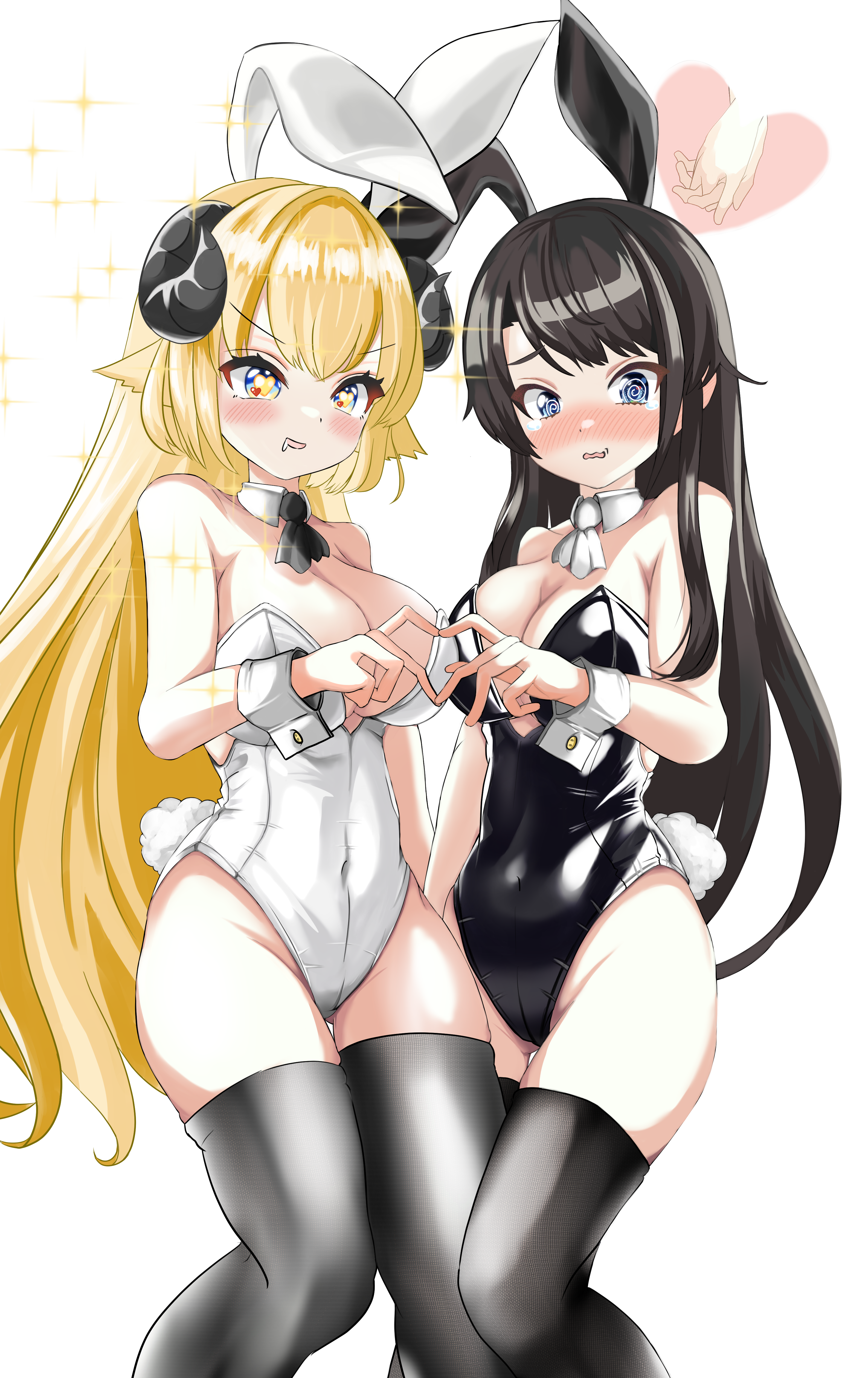 inokeiwd, oozora subaru, tsunomaki watame, hololive, absurdres, highres, 2girls, @ @, alternate costume, animal ears, black leotard, black thighhighs, blonde hair, blue eyes, blush, breasts, brown hair, cleavage, drooling, fake animal ears, fake tail, heart, heart-shaped pupils, heart hands, heart hands duo, horns, large breasts, leotard, long hair, looking at viewer, mouth drool, multiple girls, open mouth, playboy bunny, purple eyes, rabbit ears, rabbit tail, sheep ears, sheep girl, sheep horns, symbol-shaped pupils, tail, thighhighs, very long hair, virtual youtuber, white leotard, white wrist cuffs, wrist cuffs