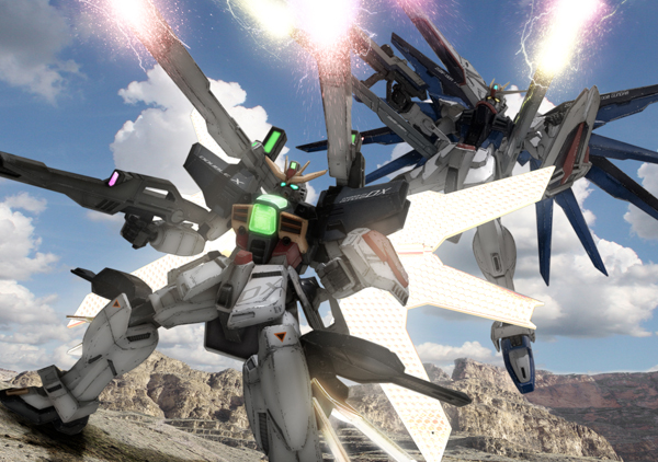 robographer, double x gundam, freedom gundam, gundam double x, after war gundam x, another century's episode, another century's episode: 3, gundam, gundam seed, 00s, beam rifle, crossover, energy beam, energy gun, gun, in-franchise crossover, mecha, no humans, photo background, robot, shield, weapon