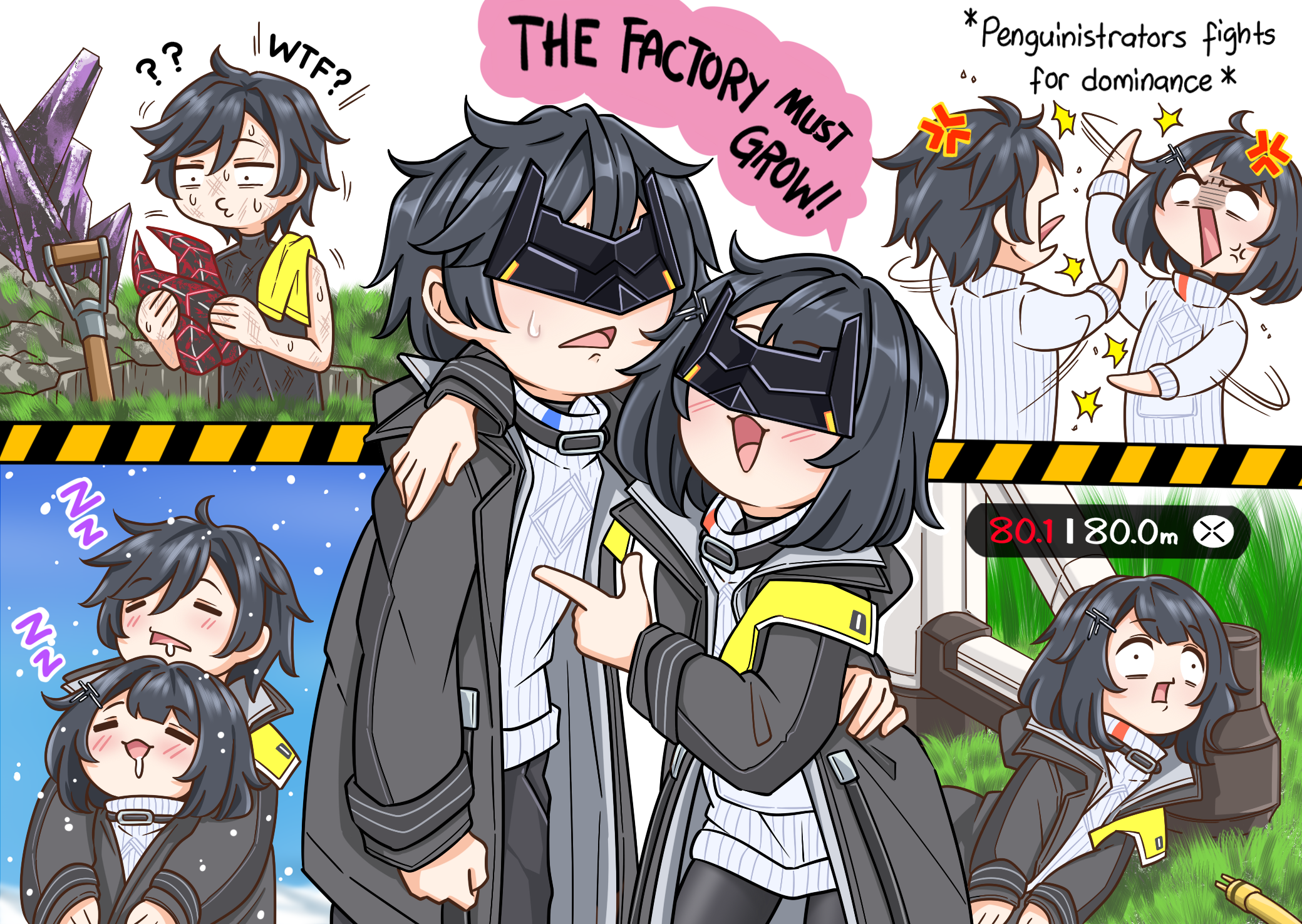 guin guin, endministrator (arknights), female endministrator (arknights), male endministrator (arknights), arknights, arknights: endfield, highres, 1boy, 1girl, :d, ?, ??, ^^^, anger vein, black hair, black jacket, black pants, black pantyhose, black shirt, blank eyes, blush, chibi, dirty, dirty clothes, dirty face, english text, eye mask, gameplay mechanics, hair between eyes, hair ornament, holding, hole, jacket, lying, mask, on grass, on side, open clothes, open jacket, open mouth, pants, pantyhose, purple eyes, ribbed sweater, shared clothes, shared jacket, shirt, shovel, sleeveless, sleeveless shirt, smile, snowing, sweat, sweater, white sweater, zzz