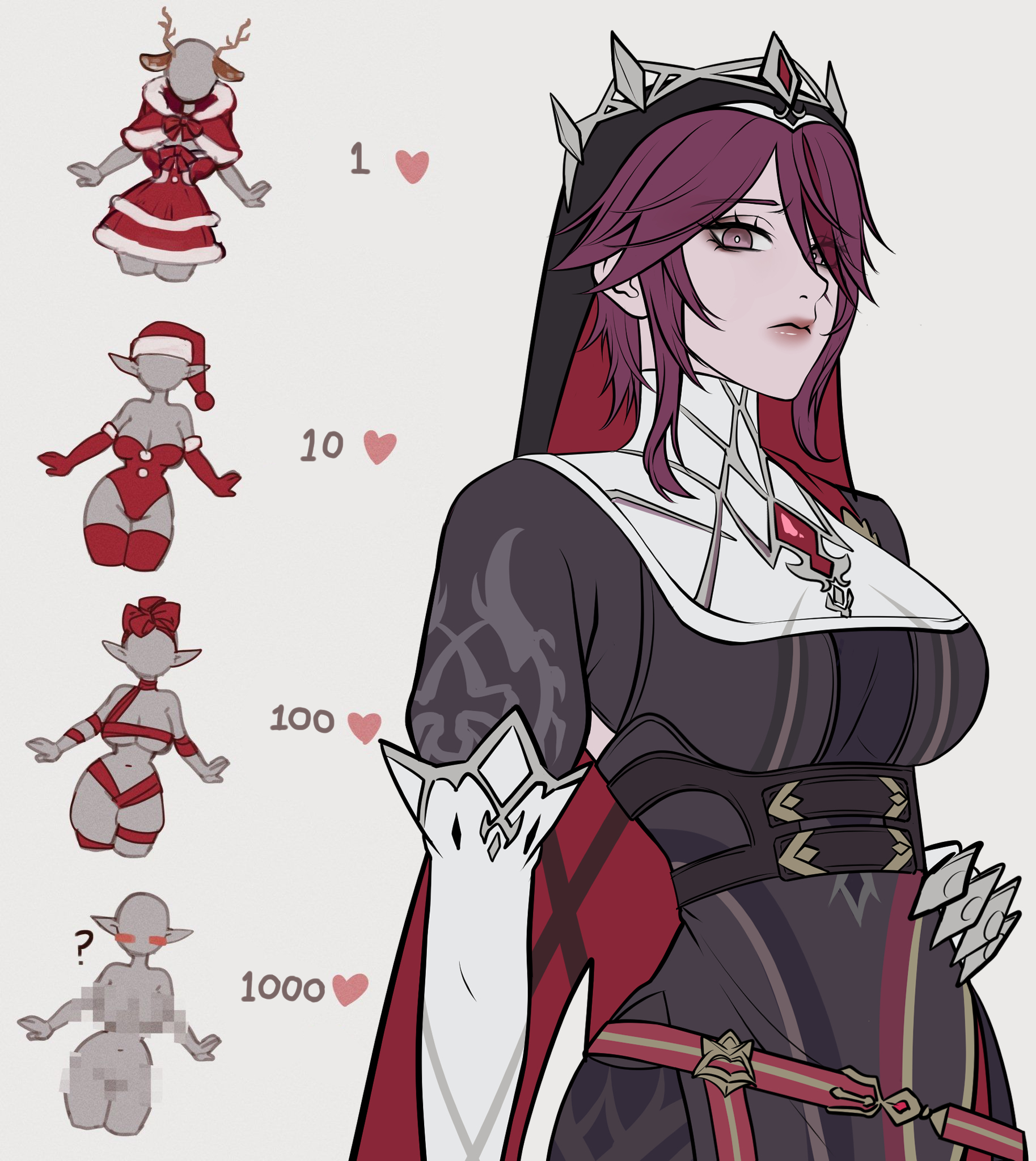 bearseeking, rosaria (genshin impact), genshin impact, commentary, highres, 1girl, black dress, black veil, breasts, closed mouth, cowboy shot, dress, grey background, hair between eyes, hair over one eye, hand on own hip, large breasts, long sleeves, looking at viewer, nun, nun headdress, purple eyes, purple hair, red veil, short hair, simple background, solo, tiara, twitter strip game, two-sided veil, veil