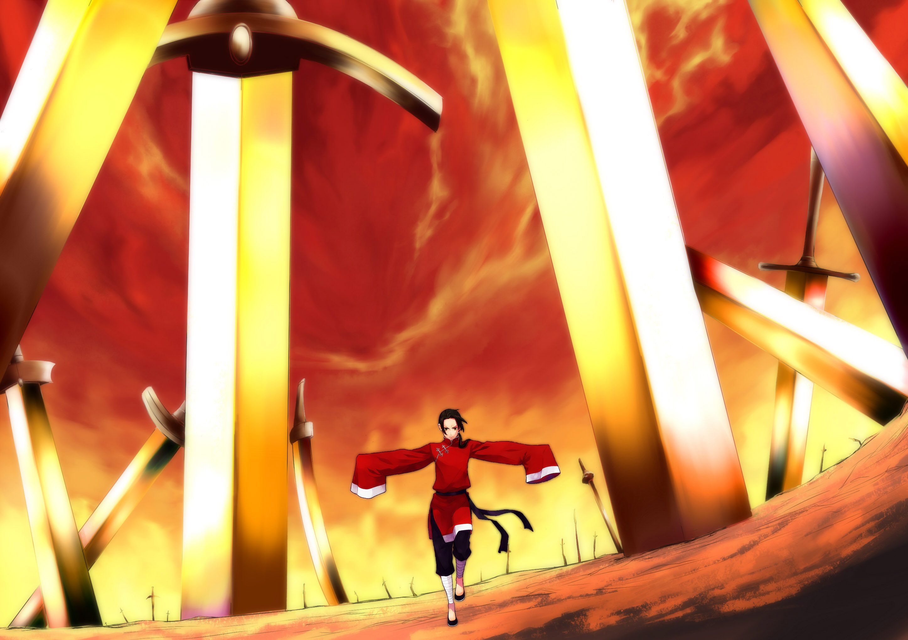 china (hetalia), axis powers hetalia, fate/stay night, fate (series), highres, 1boy, archer (fate) (cosplay), black hair, cosplay, long hair, male focus, planted, planted sword, planted weapon, solo, sword, unlimited blade works (reality marble), weapon