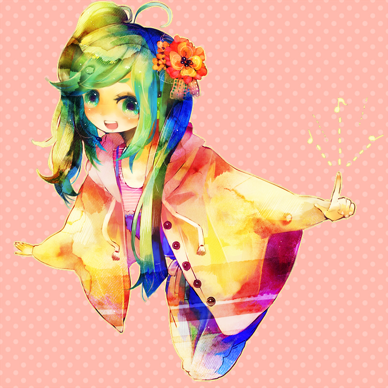 merusuke, hatsune miku, vocaloid, bad id, bad pixiv id, 1girl, ahoge, aqua eyes, aqua hair, colorful, female focus, flower, green hair, hair flower, hair ornament, headset, jacket, long hair, musical note, smile, solo, twintails