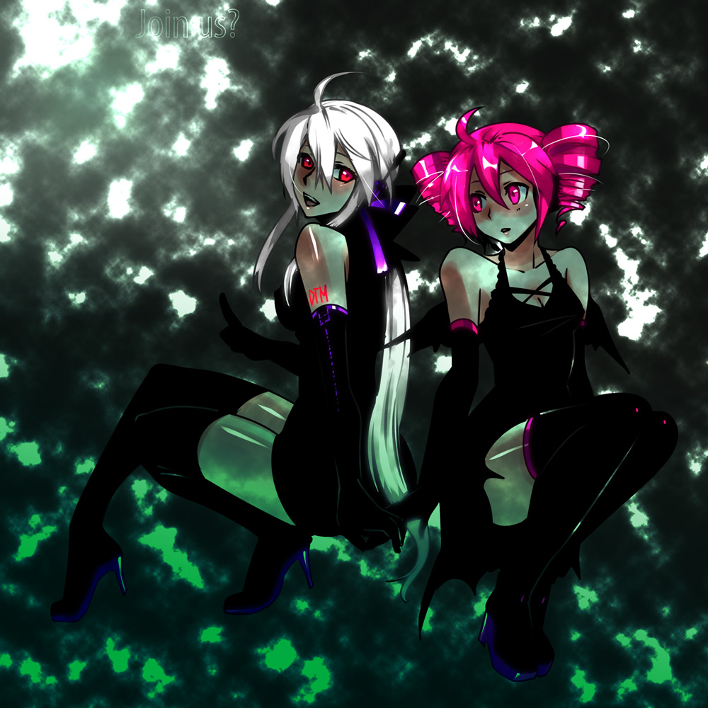 caffein, kasane teto, kasane teto (utau), yowane haku, utau, vocaloid, silver hair, 2girls, ahoge, bat wings, boots, crossover, drill hair, elbow gloves, gloves, headphones, high heel boots, high heels, latex, long hair, multiple girls, pink eyes, pink hair, ponytail, red eyes, thigh boots, thighhighs, twin drills, twintails, wings, zettai ryouiki