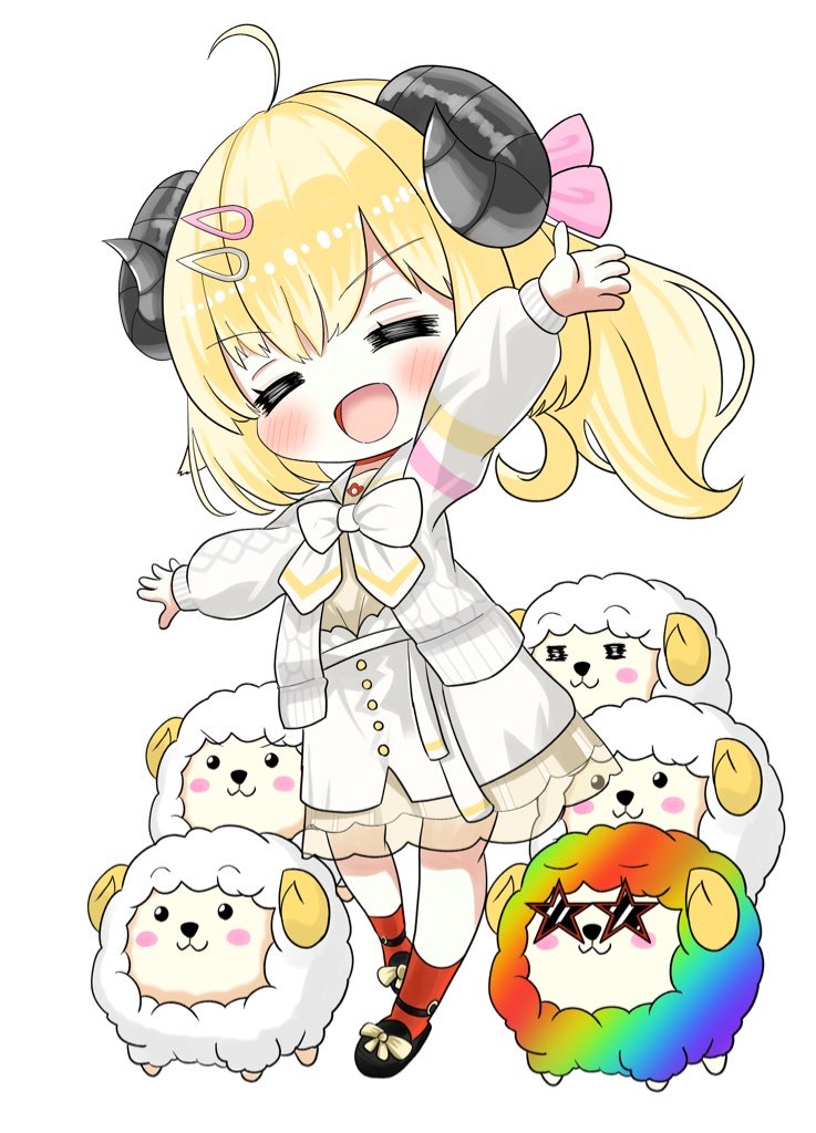 inokeiwd, tsunomaki watame, tsunomaki watame (street casual), watamate, hololive, 1girl, black shoes, blonde hair, blush, chibi, closed eyes, dress, horns, jacket, long hair, official alternate costume, open mouth, orange socks, sheep girl, sheep horns, shoes, smile, socks, solo, virtual youtuber, white dress, white jacket