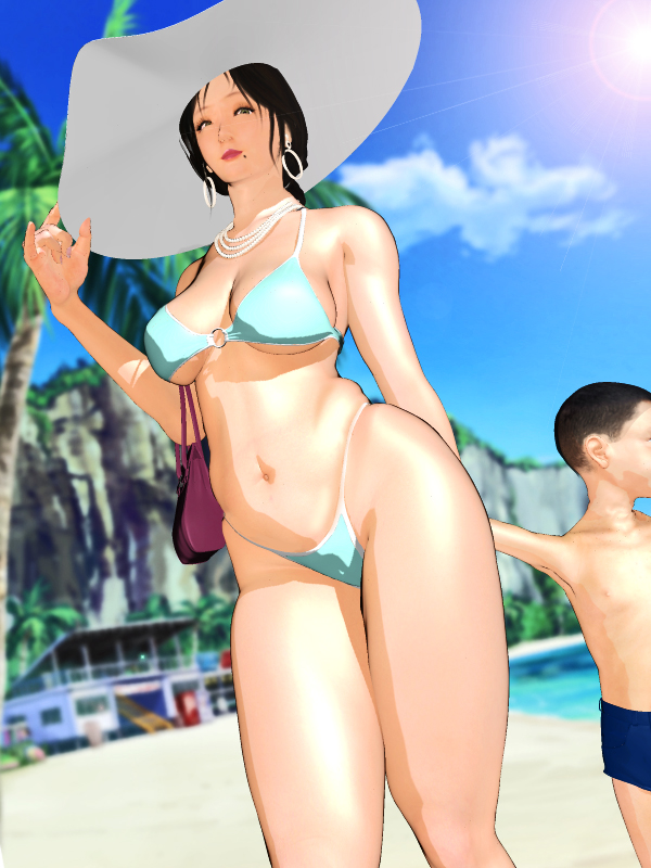 kill the king, white headwear, 1boy, 1girl, age difference, arm behind back, bag, beach, bikini, black hair, blue bikini, blue sky, blurry, blurry background, breasts, cleavage, cloud, day, earrings, hand on headwear, handbag, hat, highleg, highleg bikini, hoop earrings, jewelry, large breasts, lips, long hair, looking at viewer, mature female, mole, mole under mouth, navel, necklace, o-ring, o-ring bikini, onee-shota, outdoors, palm tree, pearl necklace, sky, solo focus, standing, sun hat, swimsuit, tree, underboob