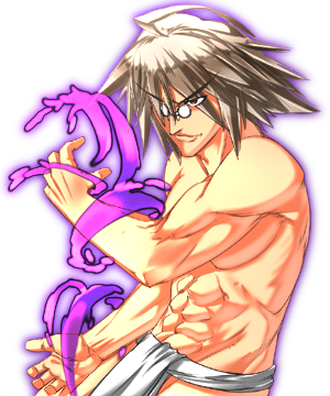 morichika rinnosuke, touhou, artist request, game cg, lowres, non-web source, 1boy, abs, ahoge, arm up, cowboy shot, facing ahead, hair over one eye, labyrinth of touhou, labyrinth of touhou (series), male focus, muscular, muscular male, outline, purple outline, retro artstyle, round eyewear, smirk, spiked hair, topless male, transparent background, umbrakinesis, underwear, underwear only, white loincloth