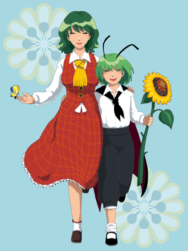 anna (or), anna (pixiv), kazami yuuka, wriggle nightbug, touhou, bad id, bad pixiv id, 2girls, :d, antennae, arm around shoulder, arm around waist, ascot, blue background, bug, butterfly, cape, closed eyes, female focus, flower, green hair, happy, insect, mary janes, multiple girls, open mouth, plaid clothes, plaid skirt, plaid vest, shoes, short hair, skirt, skirt set, smile, socks, sunflower, vest