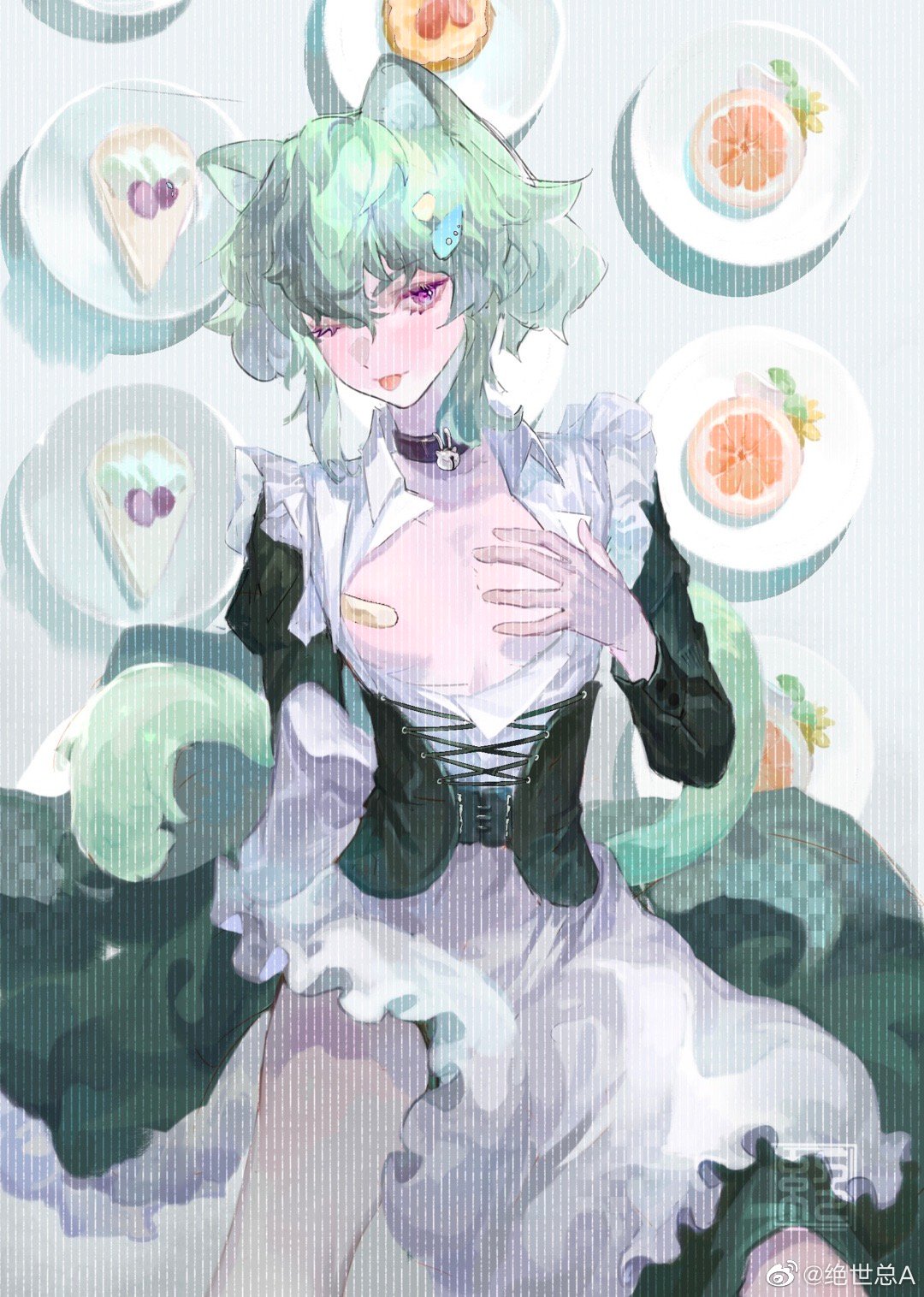 lio fotia, promare, chinese commentary, commentary request, highres, 1boy, ;p, alternate costume, animal ear fluff, animal ears, apron, back bow, bandaid, bandaids on nipples, bell, black collar, black corset, black dress, bow, cake, cake slice, cat boy, cat ears, cat tail, center opening, clothes lift, collar, collared shirt, corset, cowboy shot, crossdressing, crossdressing (mtf), dress, dress lift, food, food-themed background, frilled apron, frilled straps, frills, green hair, green tail, grey background, hair ornament, hand on own chest, jingle bell, jueshizonga, juliet sleeves, kemonomimi mode, light blush, long sleeves, looking at viewer, lying, maid, maid apron, male focus, male maid, neck bell, on back, one eye closed, open clothes, open shirt, partially open shirt, pasties, plate, puffy male chest, puffy sleeves, purple eyes, seal impression, shirt, short hair, short hair with long locks, sleeve cuffs, solo, tail, thighs, tongue, tongue out, trap, very short hair, waist apron, watermark, weibo watermark, whipped cream, white apron, white bow, wing collar