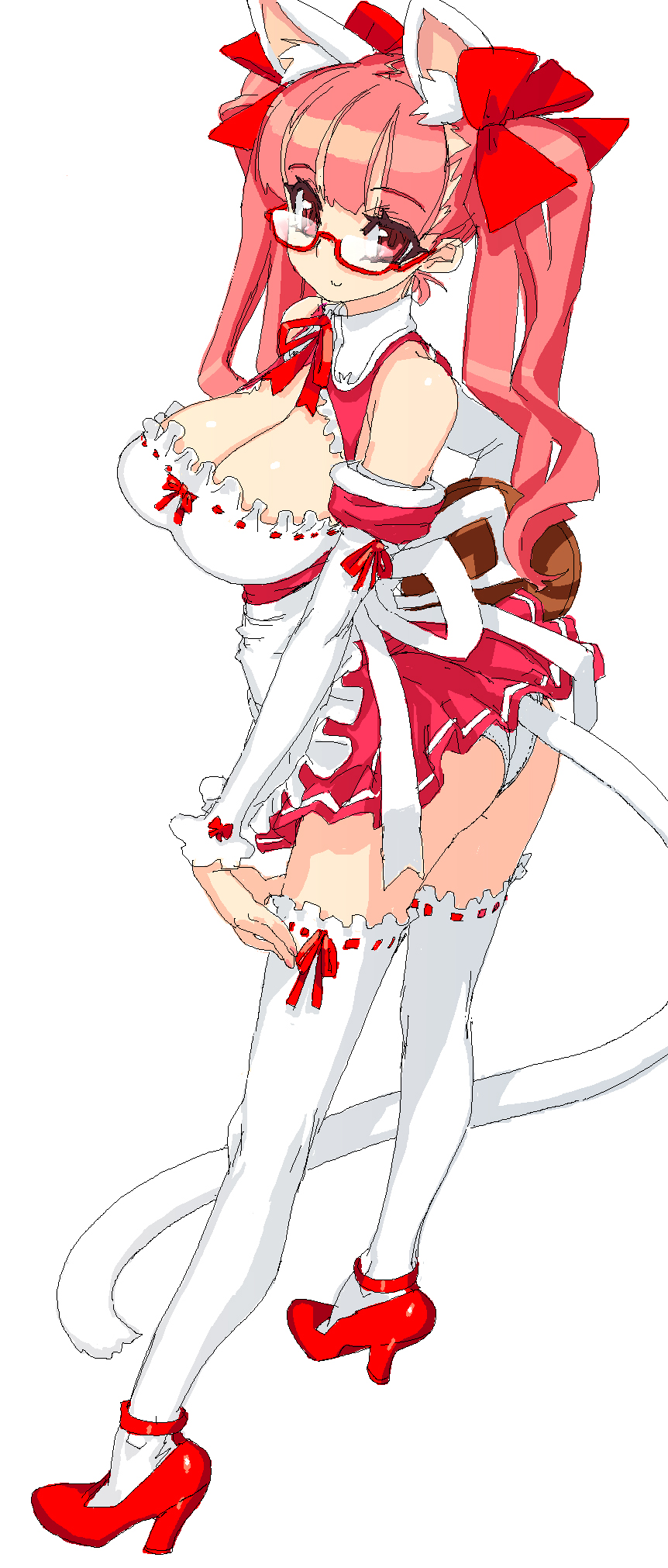 vrkdh, srco, original, bad id, bad pixiv id, highres, 1girl, animal ears, ass, bow, breasts, cat ears, cat tail, cleavage, elbow gloves, female focus, gloves, hair bow, high heels, large breasts, long hair, nail polish, oekaki, panties, pink hair, red eyes, ribbon, shoes, solo, tail, thighhighs, twintails, underwear, very long hair, white thighhighs