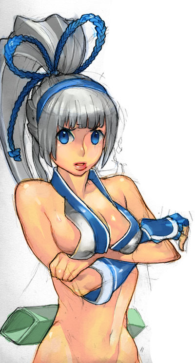 sozin, majikina mina, samurai spirits, snk, silver hair, bad id, bad pixiv id, 1girl, blue eyes, bottomless, breasts, cleavage, dark-skinned female, dark skin, female focus, gradient background, medium breasts, navel, ponytail, solo, tan, white background