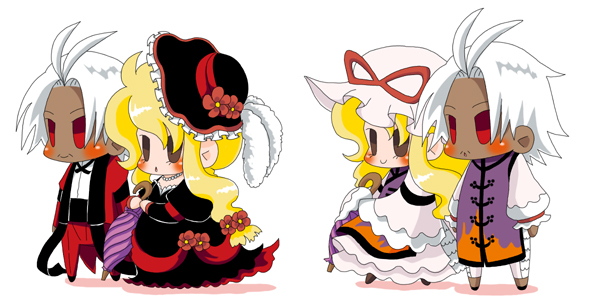 anna (or), anna (pixiv), rugal bernstein, yakumo yukari, m.u.g.e.n, snk, the king of fighters, touhou, bad id, bad pixiv id, 1boy, 1girl, alternate costume, blush, crossover, hat, hetero, red eyes, umbrella