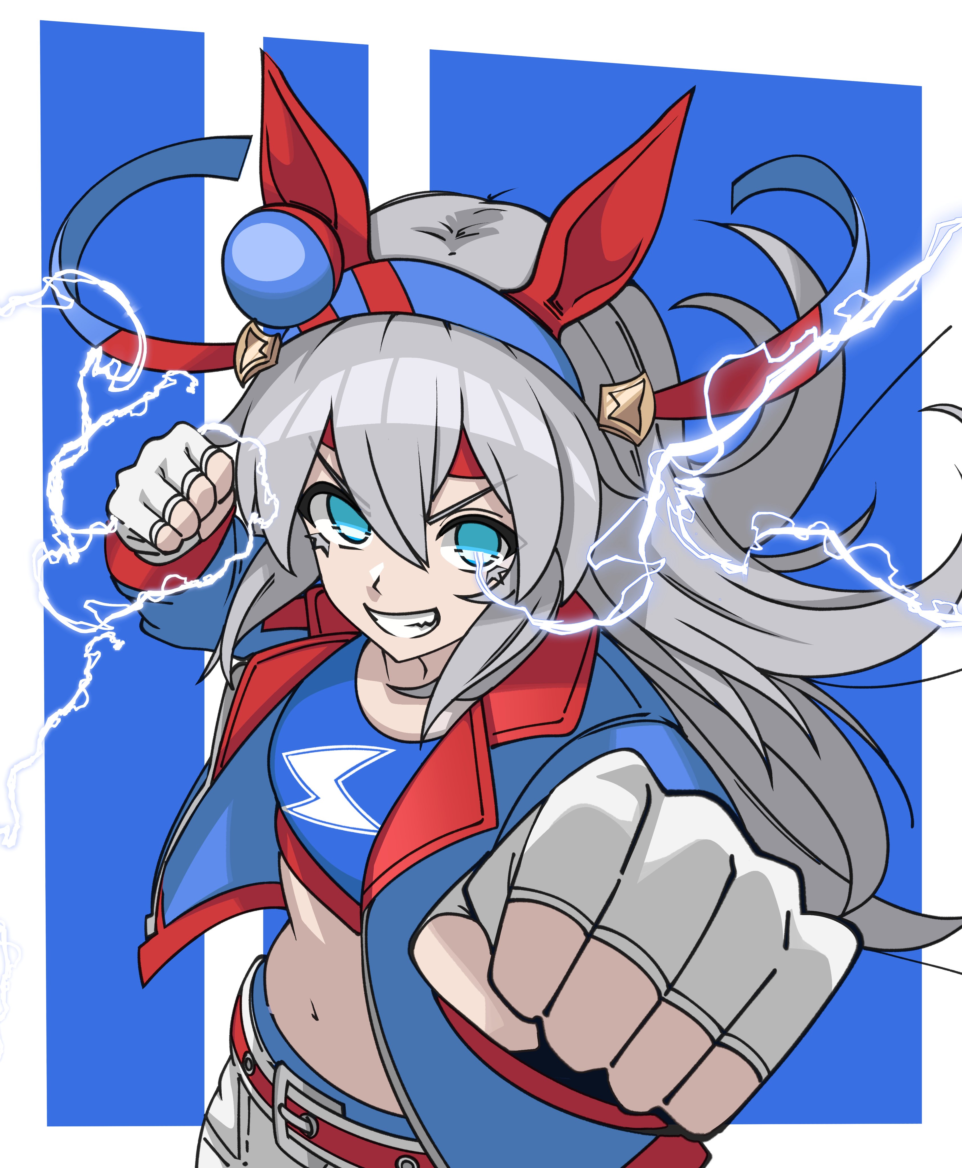 ghuler, tamamo cross (fast as lightning) (umamusume), tamamo cross (umamusume), umamusume, absurdres, commentary, highres, 1girl, animal ears, belt, blue eyes, blue hairband, blue jacket, blue sports bra, breasts, clenched hands, ear covers, ear ornament, electricity, fingerless gloves, gloves, grey hair, grin, hair between eyes, hairband, headband, horse ears, horse girl, jacket, lightning bolt print, lightning bolt symbol, long hair, long sleeves, midriff, multicolored hairband, navel, open mouth, pants, red belt, red headband, small breasts, smile, sports bra, striped clothes, striped hairband, teeth, two-tone hairband, very long hair, white gloves, white pants
