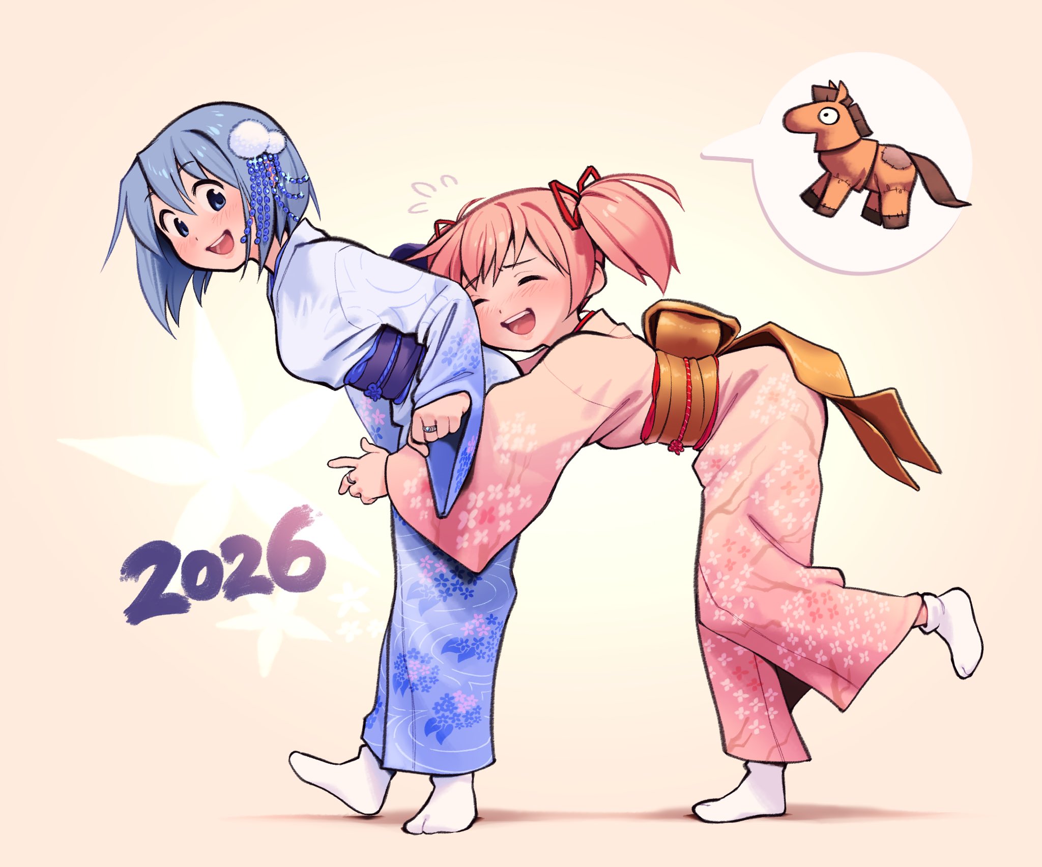 gloamy, kaname madoka, miki sayaka, mahou shoujo madoka magica, mahou shoujo madoka magica (anime), commentary, english commentary, highres, 2026, 2girls, animal costume, blue eyes, blue hair, blue kimono, closed eyes, hair between eyes, hair ornament, hair ribbon, horse costume, hug, hug from behind, japanese clothes, jewelry, kimono, long hair, long sleeves, medium hair, multiple girls, open mouth, pink hair, pink kimono, red ribbon, ribbon, ring, short twintails, simple background, socks, soul gem, spoken animal, sweatdrop, teeth, tongue, twintails, upper teeth only, white socks